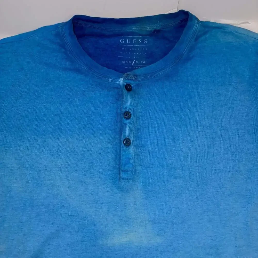Guess Men Los Angeles Henley T-Shirt Blue Size M - Picture 2 of 7